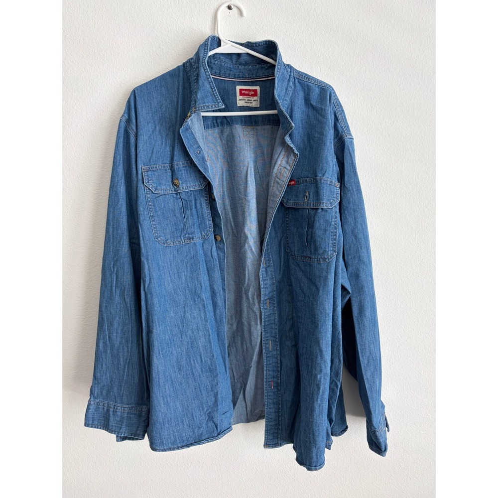 Wrangler Mens Denim Button Down Shirt Long Sleeve Blue Medium Wash 2XL Regular
